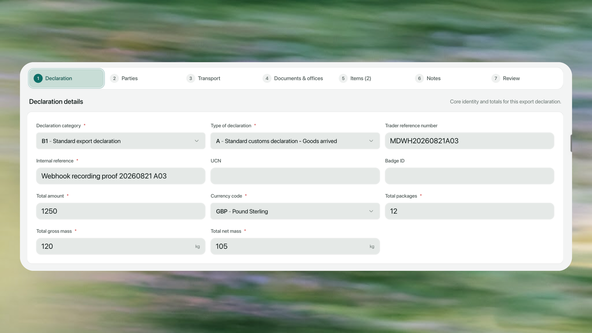 Export declaration editor showing the first of seven steps and its declaration details