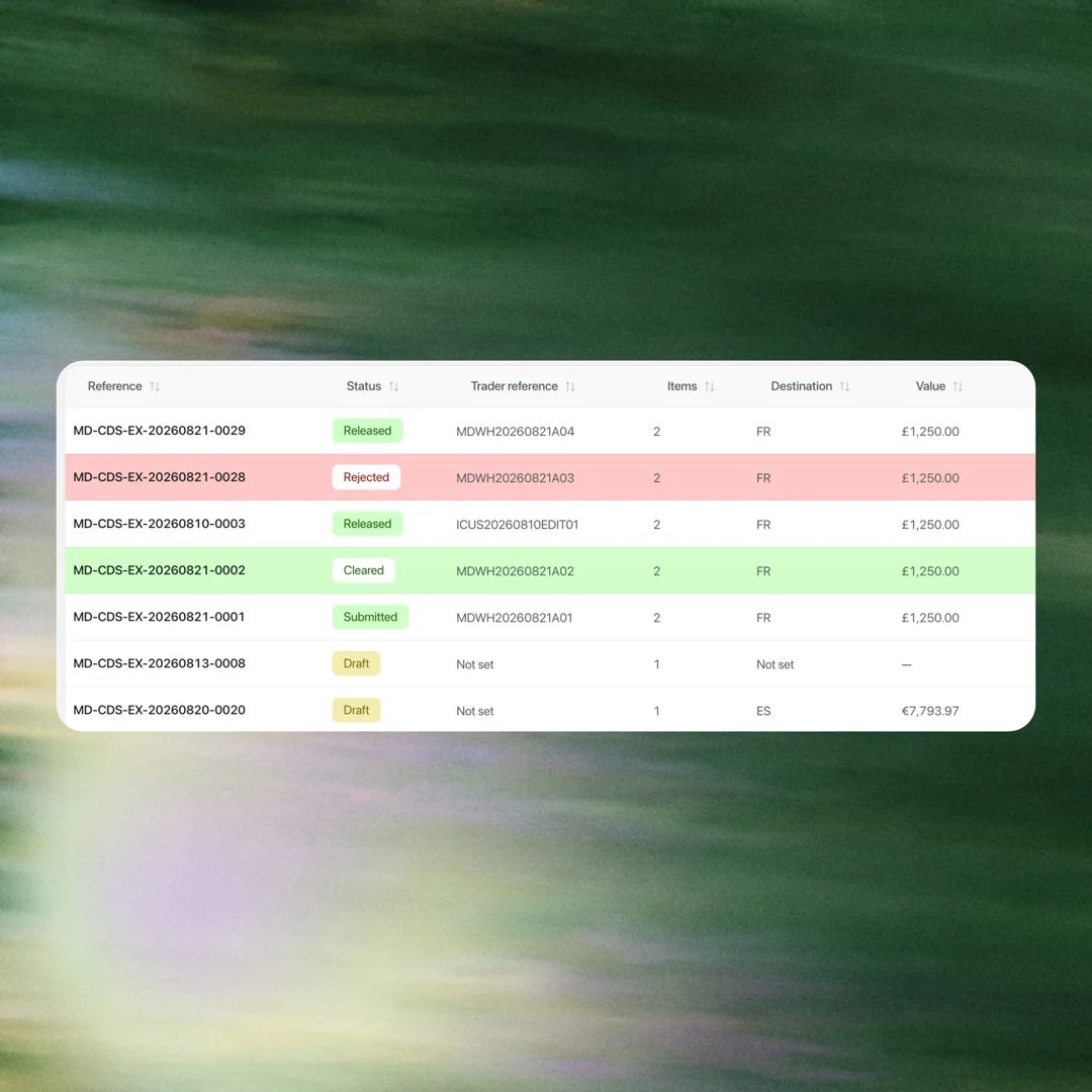 The Multideck declaration register showing released, rejected, cleared, submitted and draft entries with trader references and values