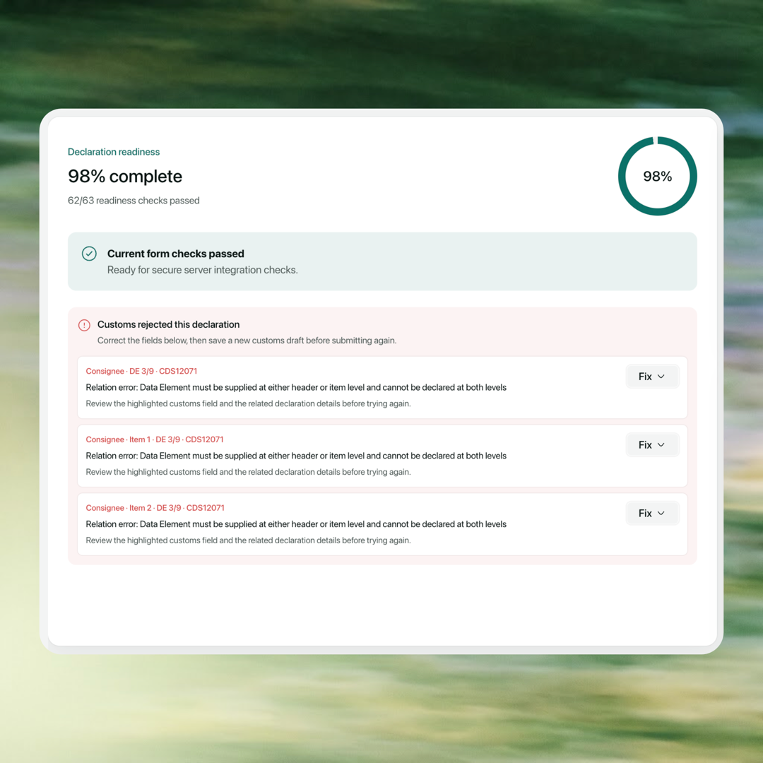 Customs declaration review showing 98 percent readiness and three rejection messages with Fix controls