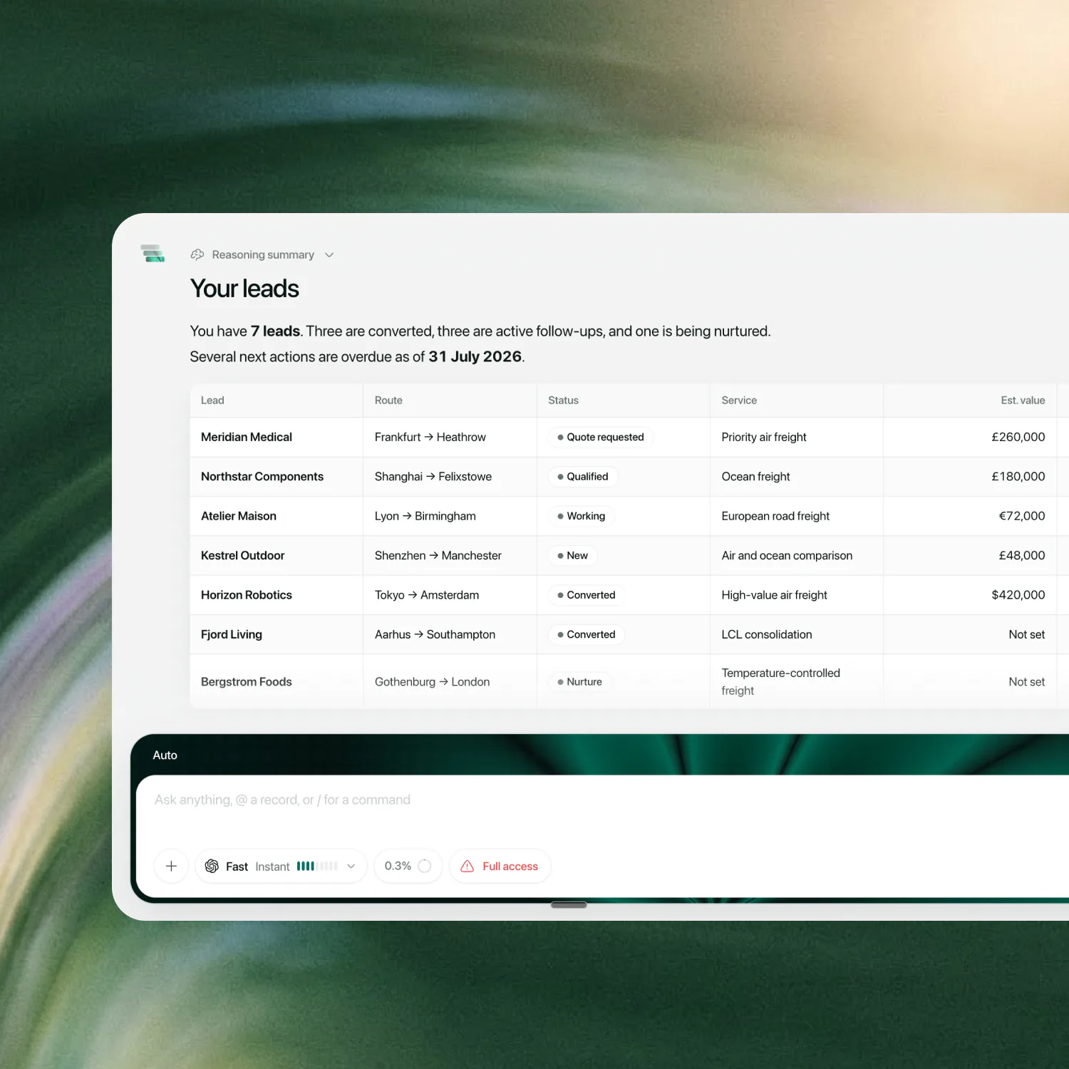 Dexter answering a request with a cited table of seven leads above the prompt composer.