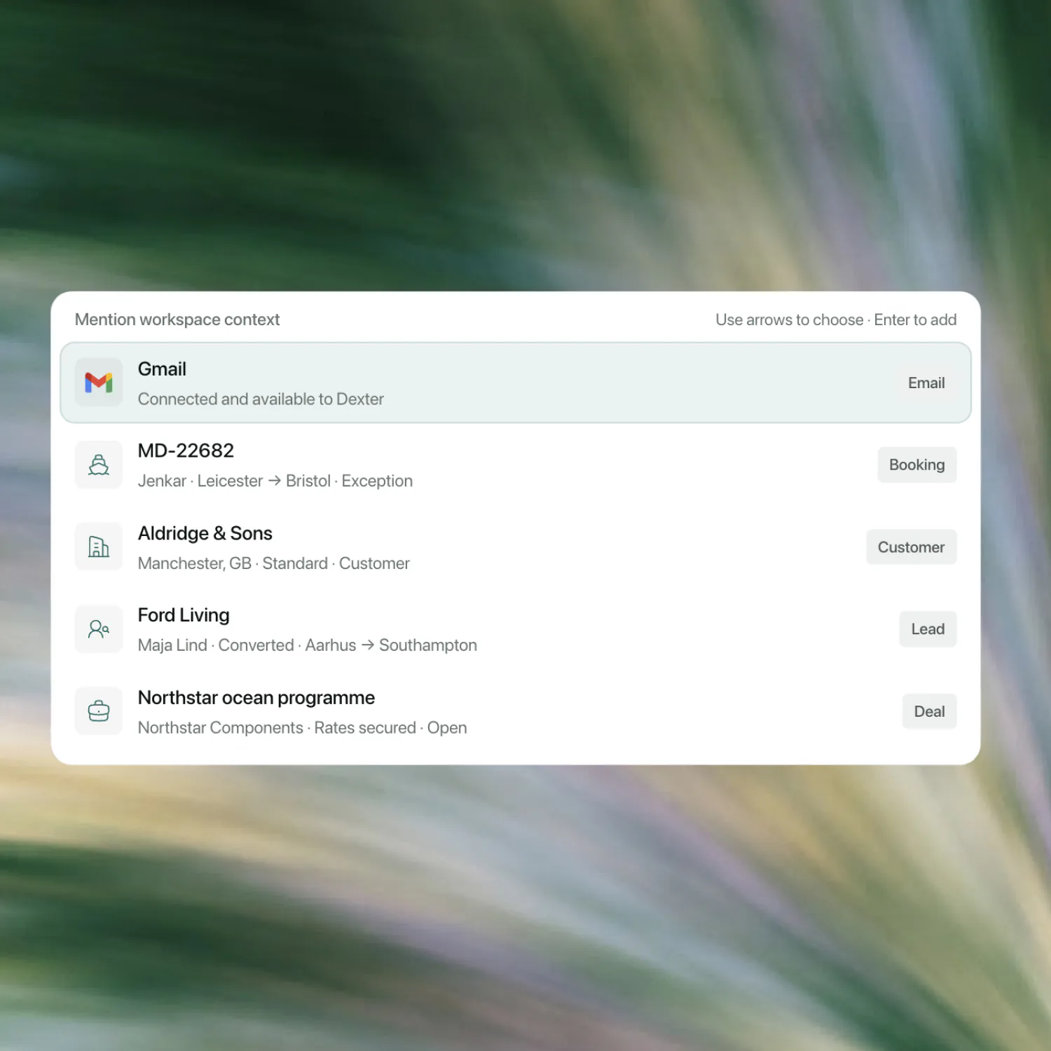 Dexter's workspace mention menu showing Gmail, a booking, a customer, a lead and a deal.