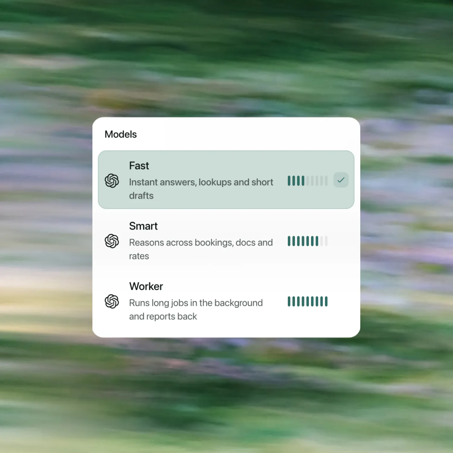 Dexter's model selector showing Fast, Smart and Worker options.