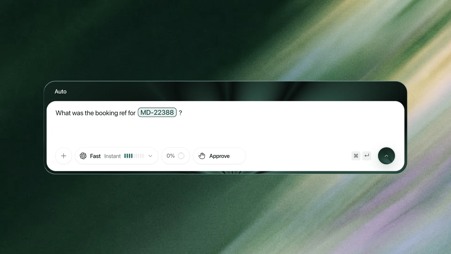 Dexter prompt composer showing: What was the booking ref for MD-22388?