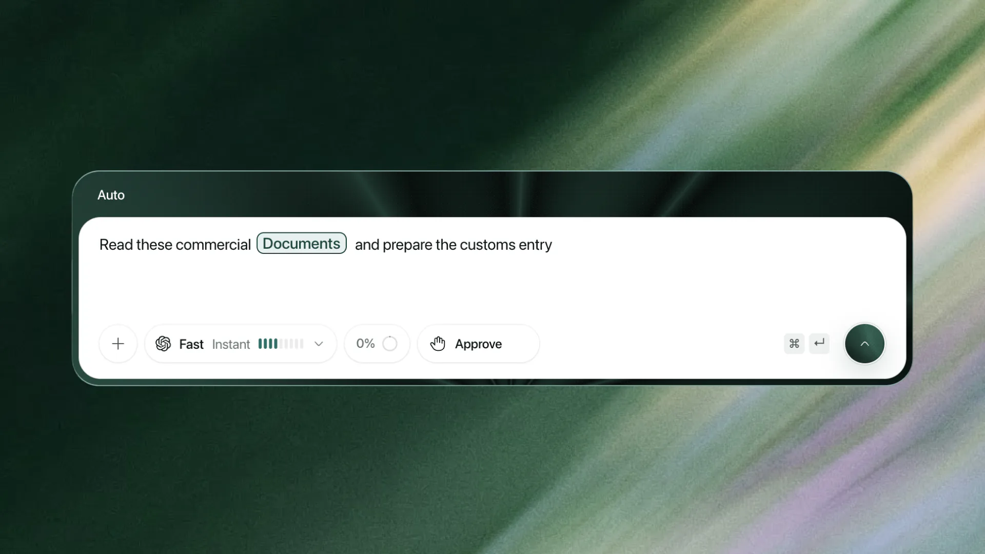 Dexter prompt composer showing: Read these commercial documents and prepare the customs entry.