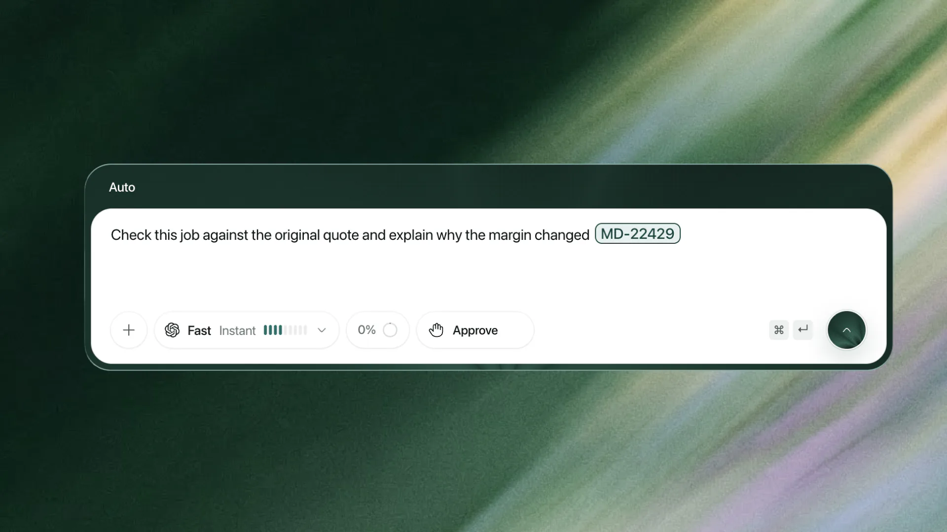 Dexter prompt composer showing: Check this job against the original quote and explain why the margin changed for MD-22429.