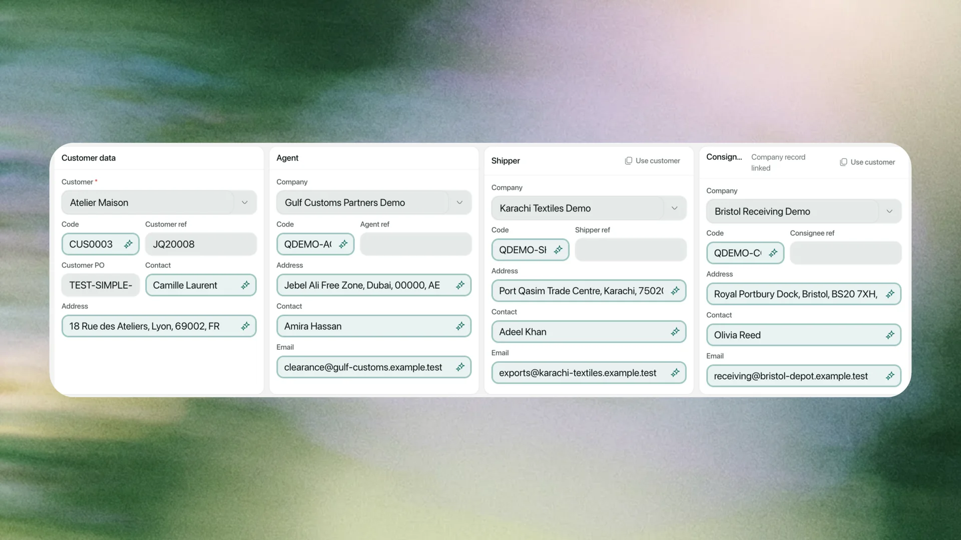 Multideck quote data capture showing customer, agent, shipper and consignee details in one workspace