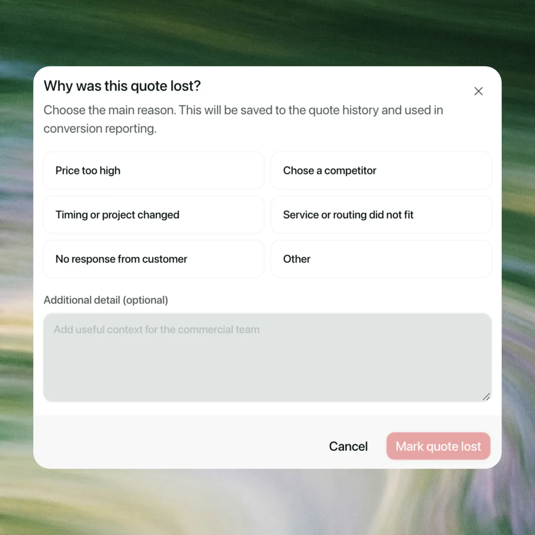 Multideck dialog for recording why a freight quote was lost, with structured reasons and optional detail