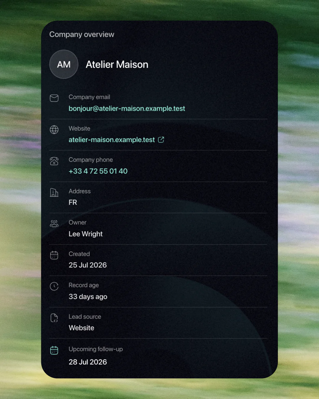 Atelier Maison company overview in Multideck with contact details, ownership, lead source and upcoming follow-up