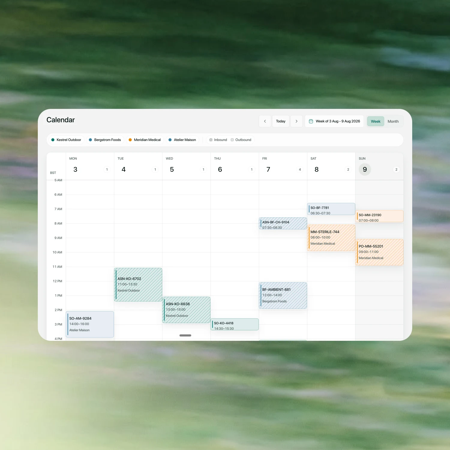 Warehouse appointments arranged across a weekly Multideck calendar