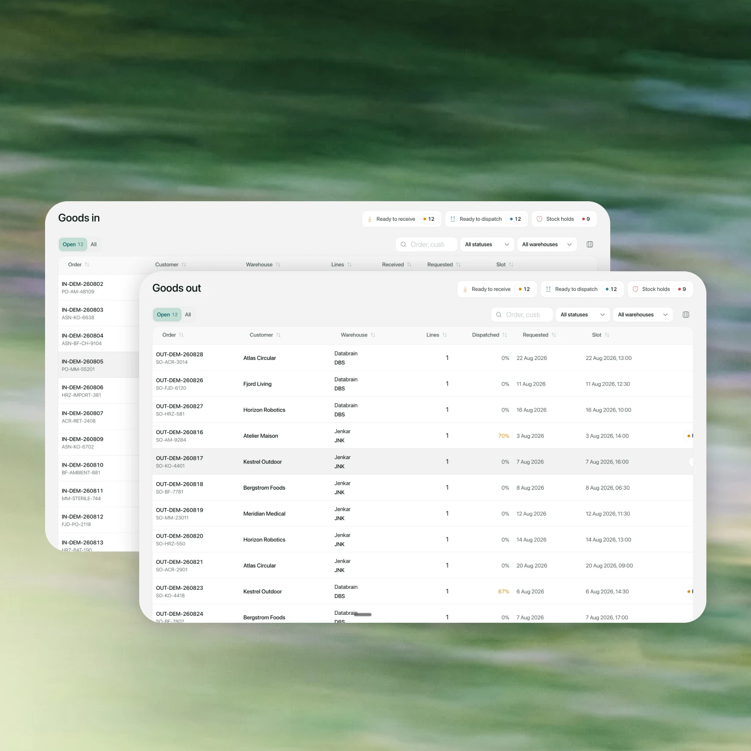 Multideck Goods in and Goods out registers with order, customer, warehouse, progress and appointment columns