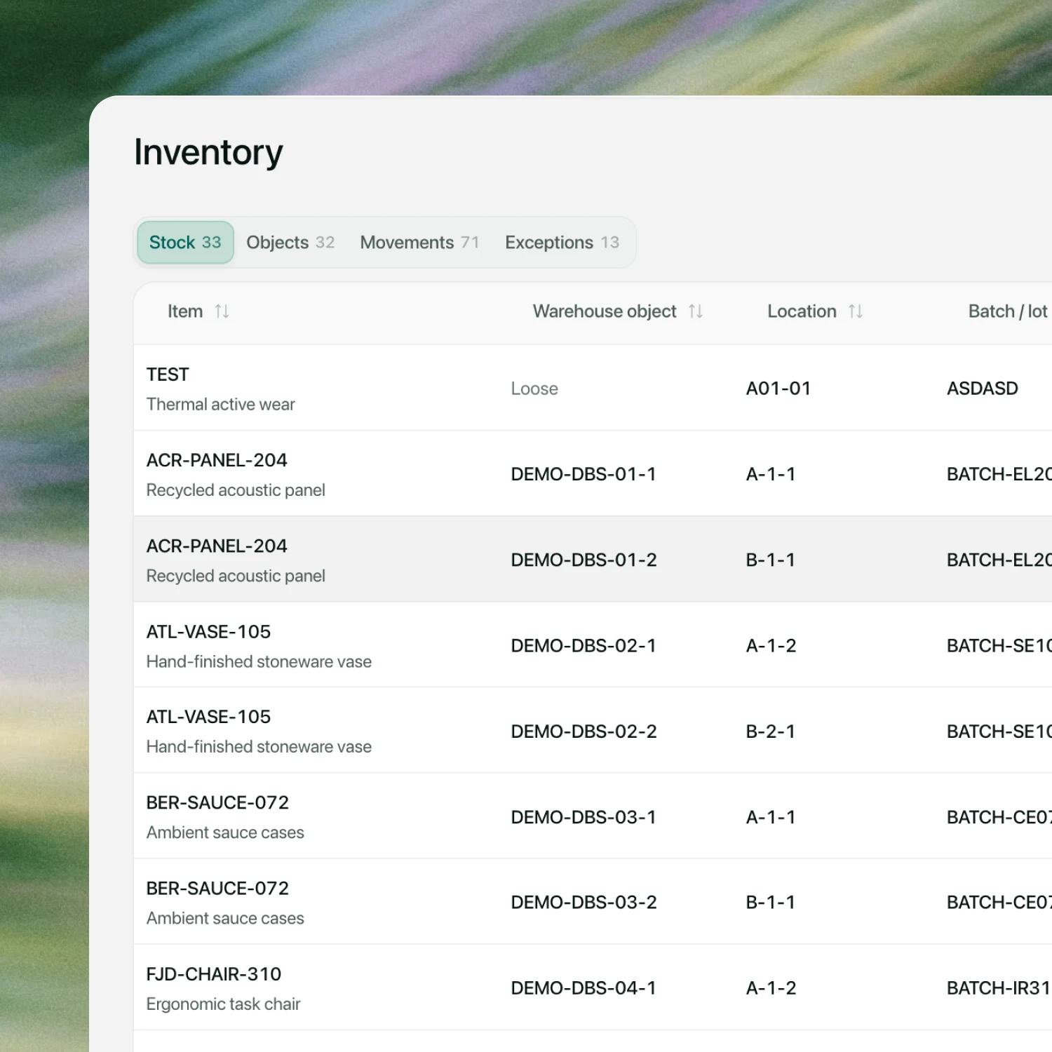 The Multideck Inventory register showing stock, warehouse objects, locations and batch or lot references