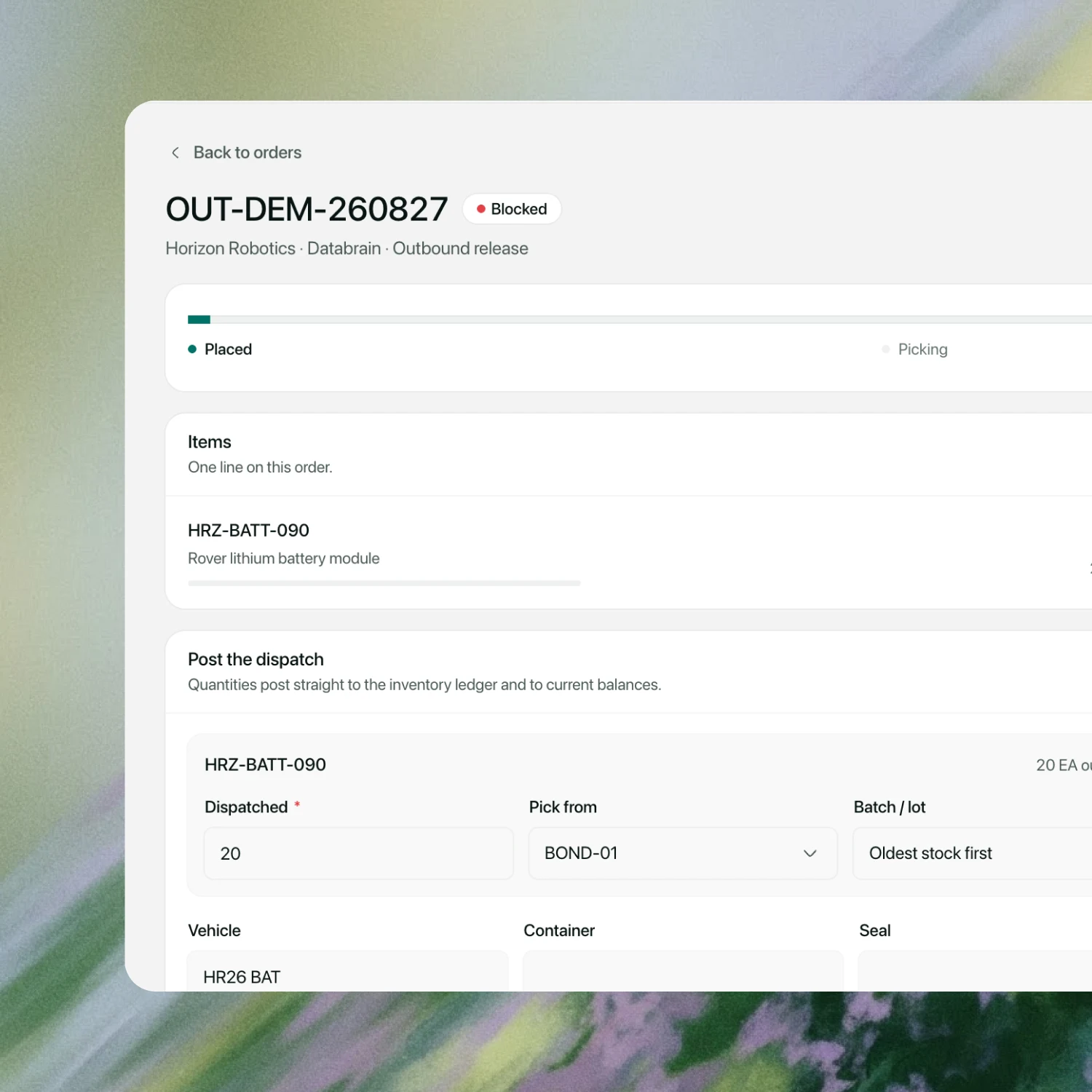 Multideck outbound warehouse order detail showing progress, item, pick location, batch and dispatch fields